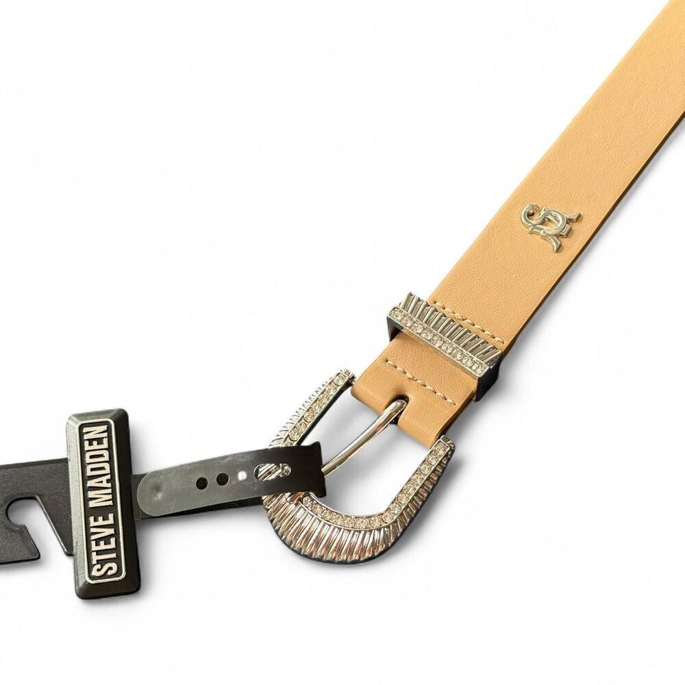NEW Steve Madden Grunge Rhinestone Tan Belt with Silver Hardware | NWT
